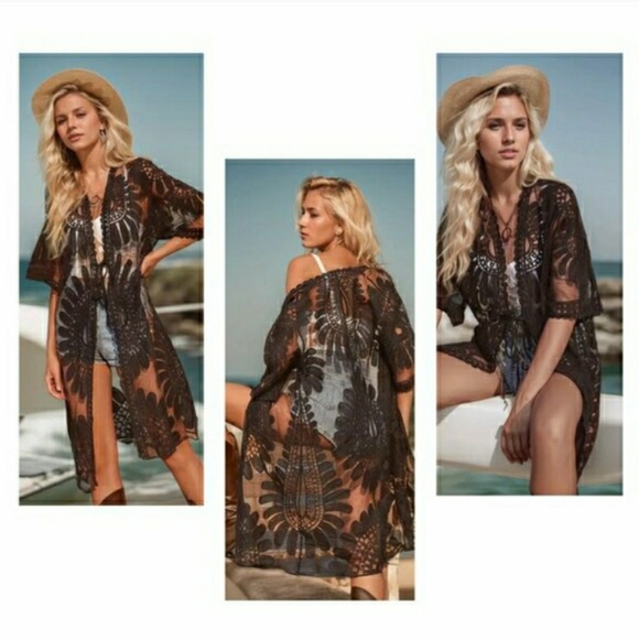 Black Kimono Boho Duster Embroidered Top Layer Wrap NEW 🖤 LAST 1 - Picture 2 of 8